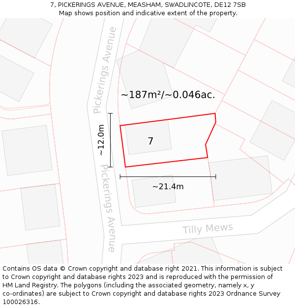 7, PICKERINGS AVENUE, MEASHAM, SWADLINCOTE, DE12 7SB: Plot and title map