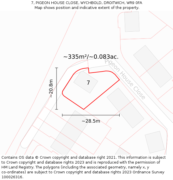 7, PIGEON HOUSE CLOSE, WYCHBOLD, DROITWICH, WR9 0FA: Plot and title map