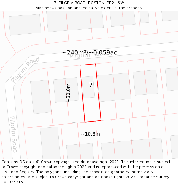 7, PILGRIM ROAD, BOSTON, PE21 6JW: Plot and title map