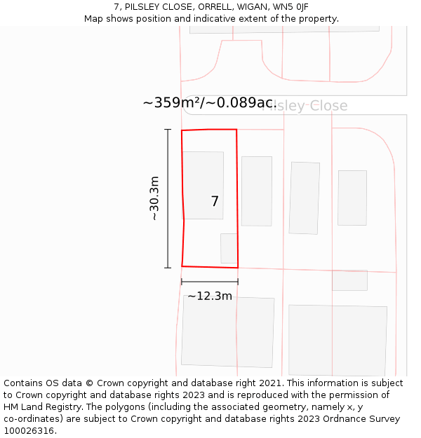 7, PILSLEY CLOSE, ORRELL, WIGAN, WN5 0JF: Plot and title map