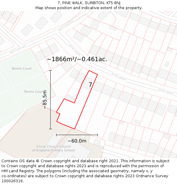 7, PINE WALK, SURBITON, KT5 8NJ: Plot and title map