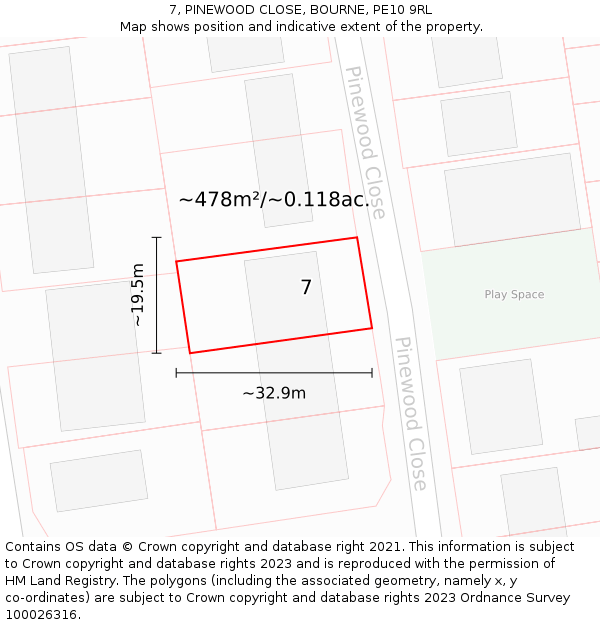 7, PINEWOOD CLOSE, BOURNE, PE10 9RL: Plot and title map