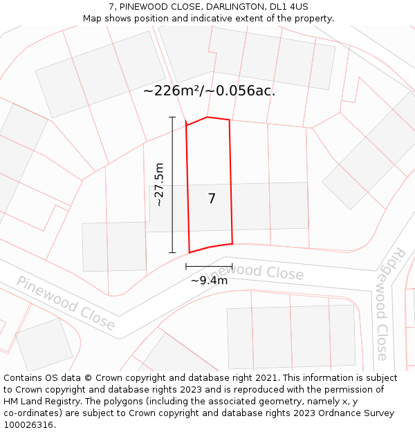 7, PINEWOOD CLOSE, DARLINGTON, DL1 4US: Plot and title map