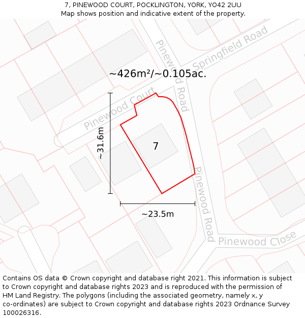 7, PINEWOOD COURT, POCKLINGTON, YORK, YO42 2UU: Plot and title map