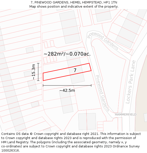 7, PINEWOOD GARDENS, HEMEL HEMPSTEAD, HP1 1TN: Plot and title map