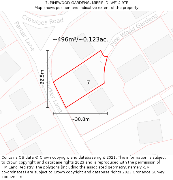 7, PINEWOOD GARDENS, MIRFIELD, WF14 9TB: Plot and title map
