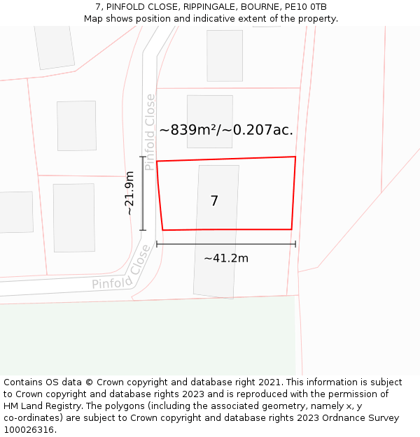 7, PINFOLD CLOSE, RIPPINGALE, BOURNE, PE10 0TB: Plot and title map