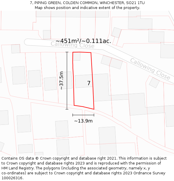 7, PIPING GREEN, COLDEN COMMON, WINCHESTER, SO21 1TU: Plot and title map