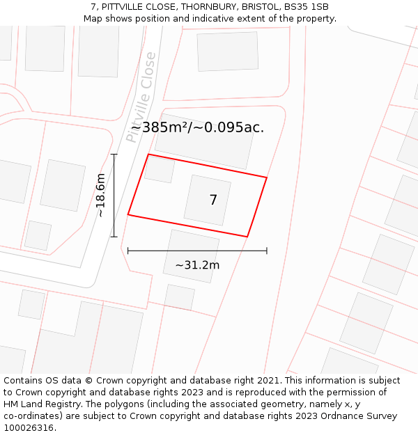 7, PITTVILLE CLOSE, THORNBURY, BRISTOL, BS35 1SB: Plot and title map