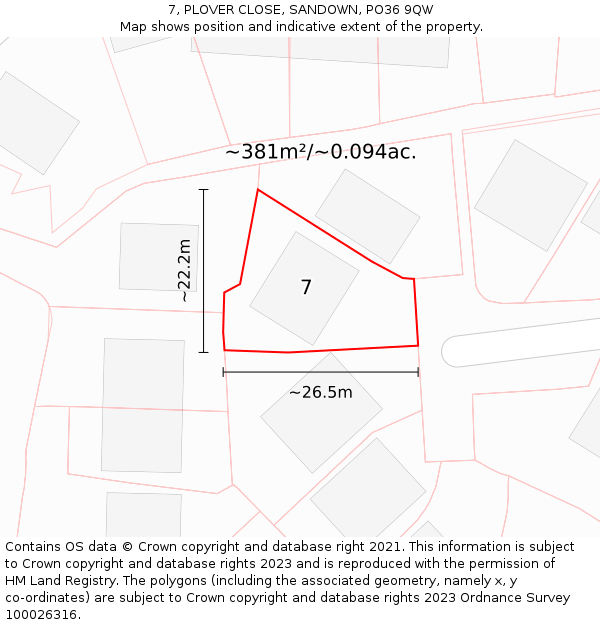 7, PLOVER CLOSE, SANDOWN, PO36 9QW: Plot and title map