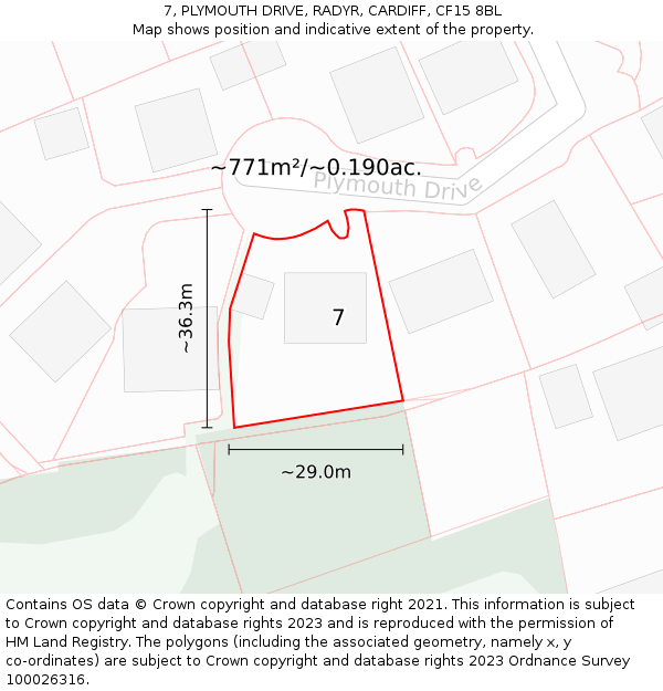 7, PLYMOUTH DRIVE, RADYR, CARDIFF, CF15 8BL: Plot and title map