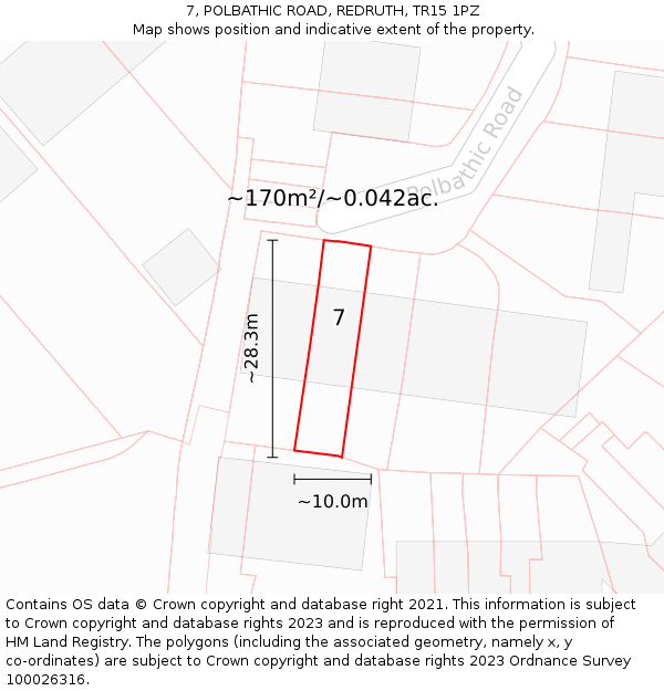 7, POLBATHIC ROAD, REDRUTH, TR15 1PZ: Plot and title map