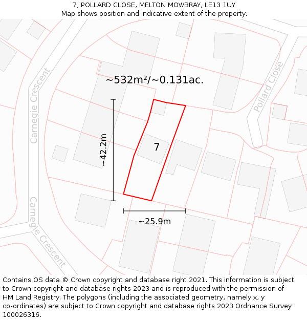 7, POLLARD CLOSE, MELTON MOWBRAY, LE13 1UY: Plot and title map