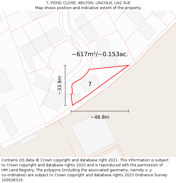 7, POND CLOSE, WELTON, LINCOLN, LN2 3UE: Plot and title map