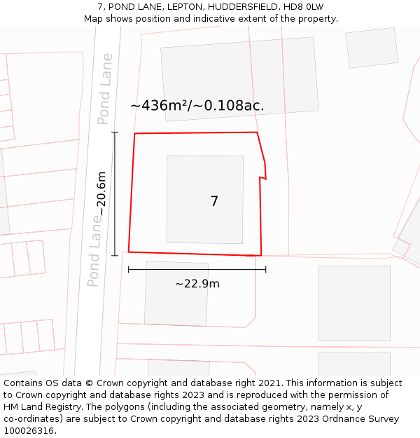 7, POND LANE, LEPTON, HUDDERSFIELD, HD8 0LW: Plot and title map