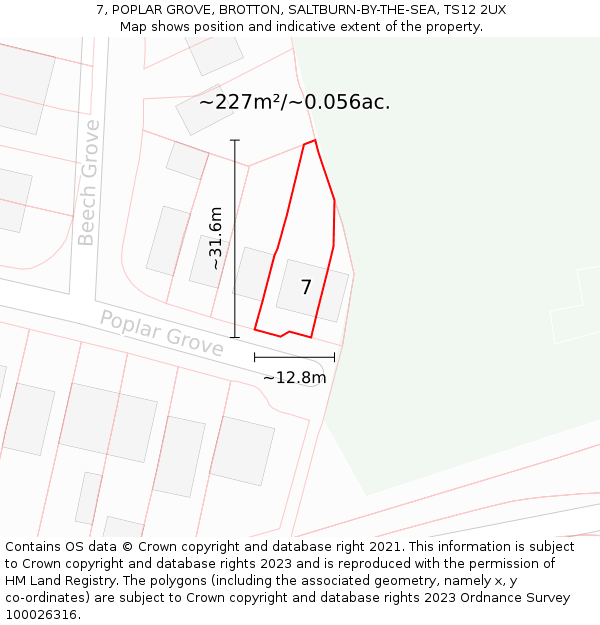 7, POPLAR GROVE, BROTTON, SALTBURN-BY-THE-SEA, TS12 2UX: Plot and title map