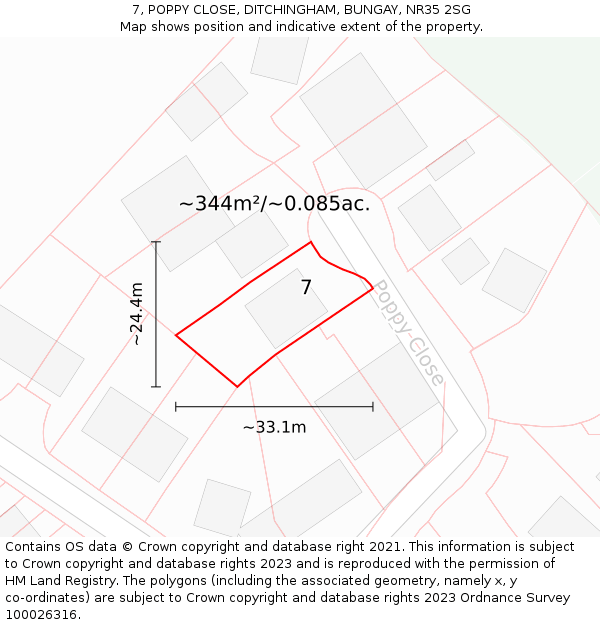 7, POPPY CLOSE, DITCHINGHAM, BUNGAY, NR35 2SG: Plot and title map