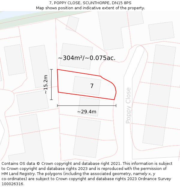 7, POPPY CLOSE, SCUNTHORPE, DN15 8PS: Plot and title map