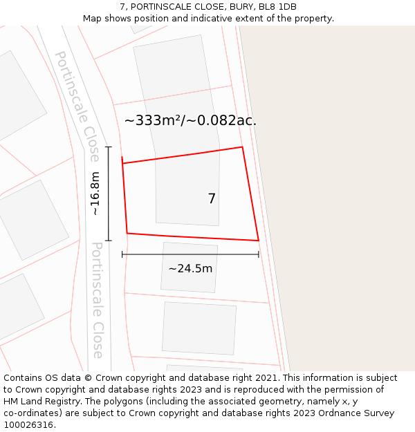 7, PORTINSCALE CLOSE, BURY, BL8 1DB: Plot and title map