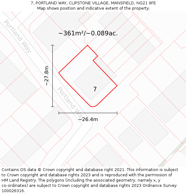 7, PORTLAND WAY, CLIPSTONE VILLAGE, MANSFIELD, NG21 9FE: Plot and title map