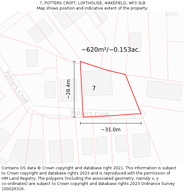 7, POTTERS CROFT, LOFTHOUSE, WAKEFIELD, WF3 3LB: Plot and title map