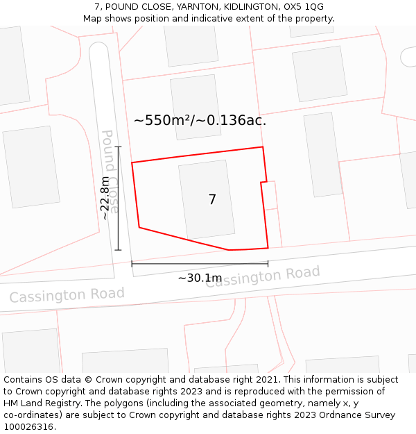 7, POUND CLOSE, YARNTON, KIDLINGTON, OX5 1QG: Plot and title map