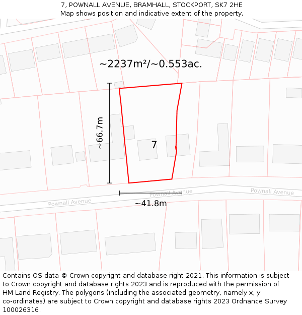 7, POWNALL AVENUE, BRAMHALL, STOCKPORT, SK7 2HE: Plot and title map