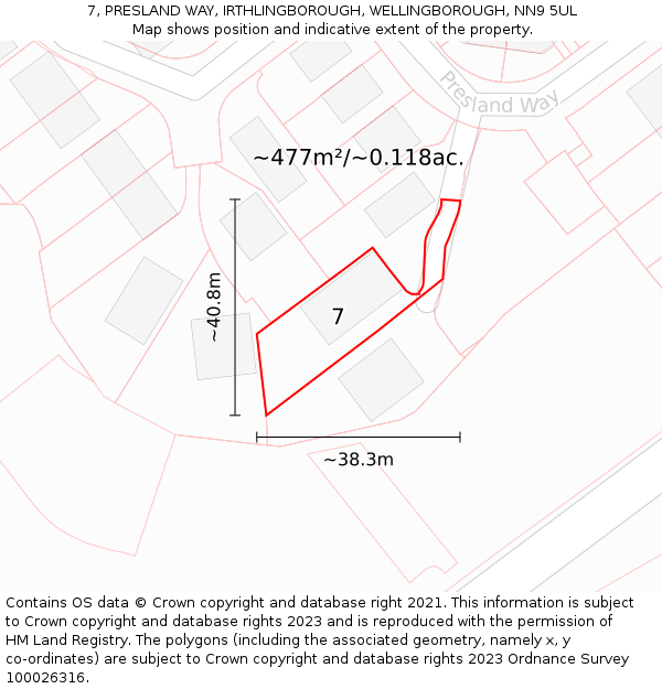 7, PRESLAND WAY, IRTHLINGBOROUGH, WELLINGBOROUGH, NN9 5UL: Plot and title map