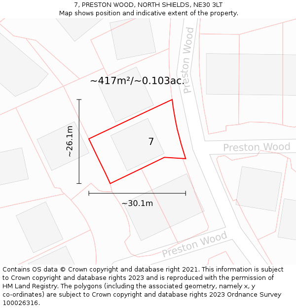 7, PRESTON WOOD, NORTH SHIELDS, NE30 3LT: Plot and title map