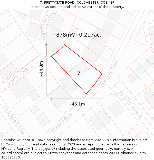 7, PRETTYGATE ROAD, COLCHESTER, CO3 4EF: Plot and title map