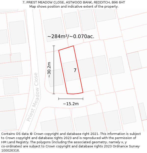 7, PRIEST MEADOW CLOSE, ASTWOOD BANK, REDDITCH, B96 6HT: Plot and title map