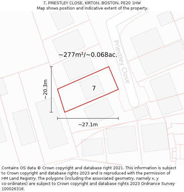 7, PRIESTLEY CLOSE, KIRTON, BOSTON, PE20 1HW: Plot and title map