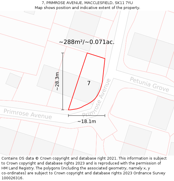 7, PRIMROSE AVENUE, MACCLESFIELD, SK11 7YU: Plot and title map