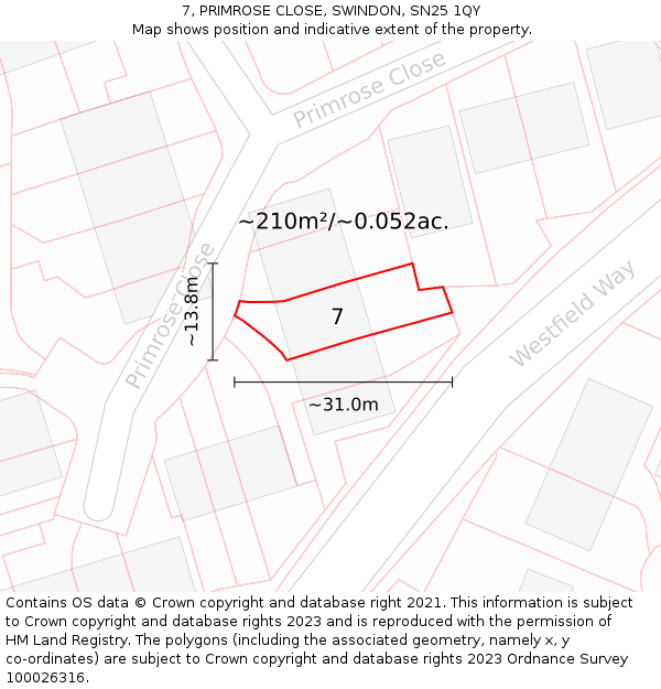 7, PRIMROSE CLOSE, SWINDON, SN25 1QY: Plot and title map