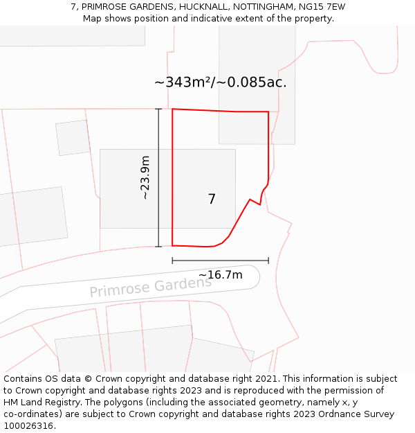 7, PRIMROSE GARDENS, HUCKNALL, NOTTINGHAM, NG15 7EW: Plot and title map