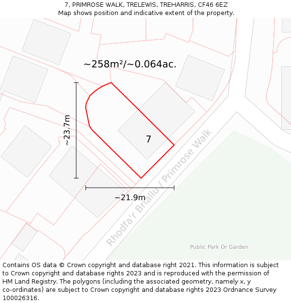 7, PRIMROSE WALK, TRELEWIS, TREHARRIS, CF46 6EZ: Plot and title map