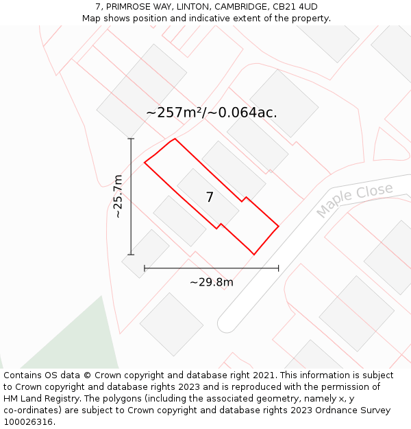 7, PRIMROSE WAY, LINTON, CAMBRIDGE, CB21 4UD: Plot and title map