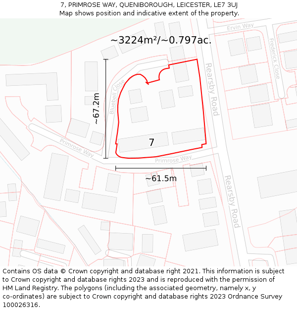 7, PRIMROSE WAY, QUENIBOROUGH, LEICESTER, LE7 3UJ: Plot and title map