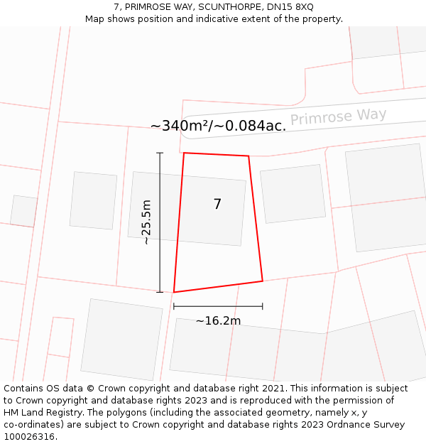 7, PRIMROSE WAY, SCUNTHORPE, DN15 8XQ: Plot and title map