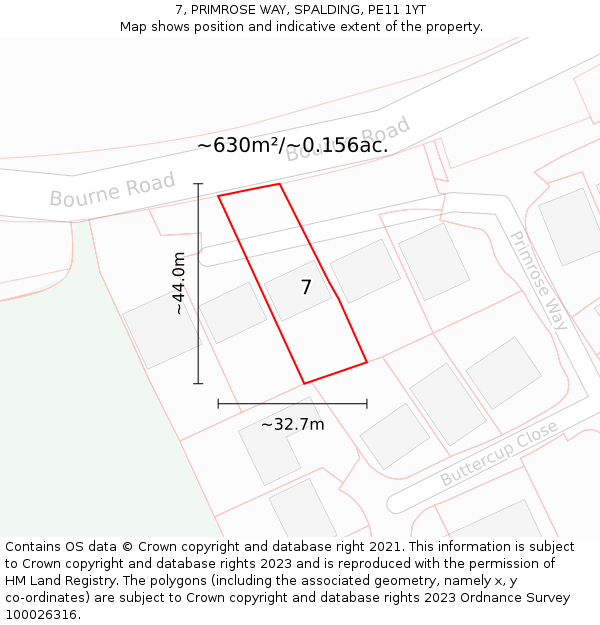 7, PRIMROSE WAY, SPALDING, PE11 1YT: Plot and title map