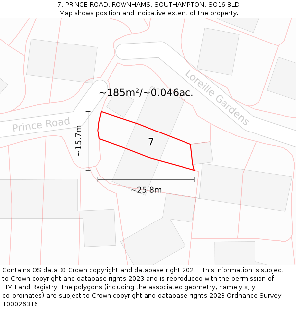 7, PRINCE ROAD, ROWNHAMS, SOUTHAMPTON, SO16 8LD: Plot and title map