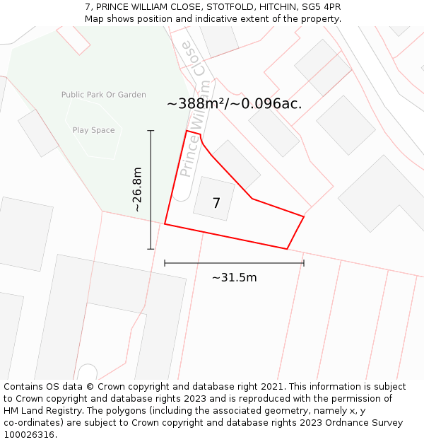 7, PRINCE WILLIAM CLOSE, STOTFOLD, HITCHIN, SG5 4PR: Plot and title map