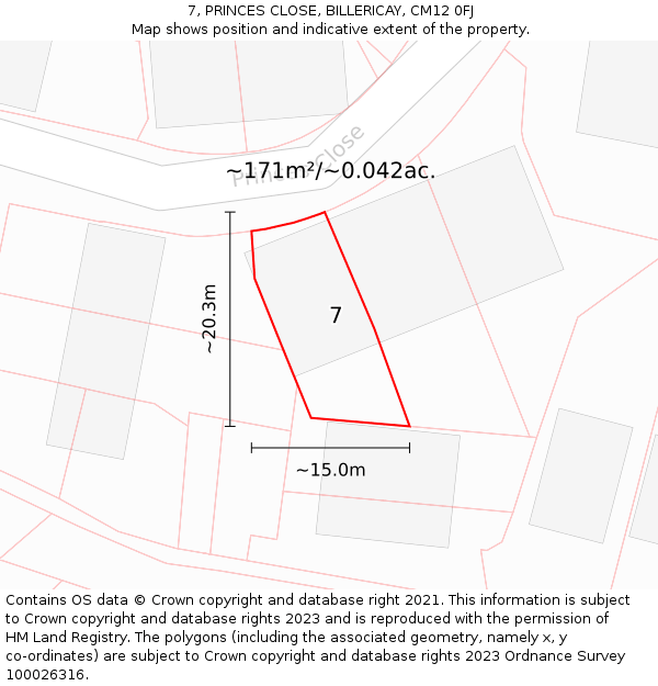 7, PRINCES CLOSE, BILLERICAY, CM12 0FJ: Plot and title map