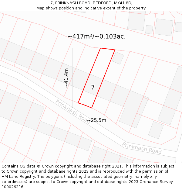 7, PRINKNASH ROAD, BEDFORD, MK41 8DJ: Plot and title map