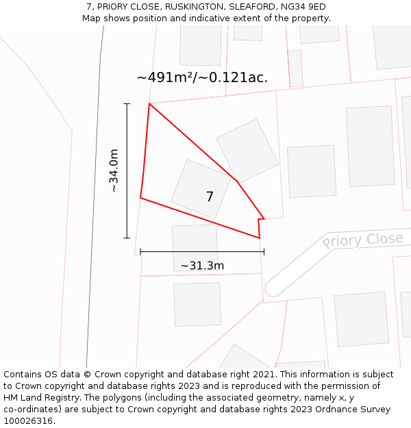 7, PRIORY CLOSE, RUSKINGTON, SLEAFORD, NG34 9ED: Plot and title map