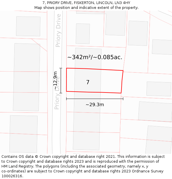 7, PRIORY DRIVE, FISKERTON, LINCOLN, LN3 4HY: Plot and title map