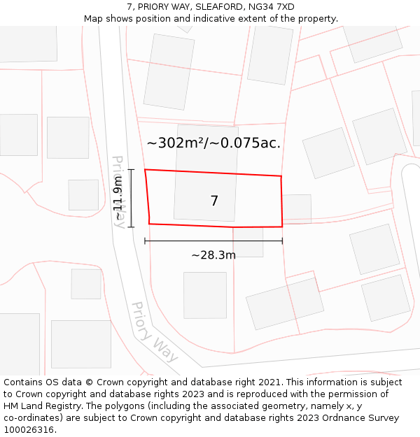 7, PRIORY WAY, SLEAFORD, NG34 7XD: Plot and title map