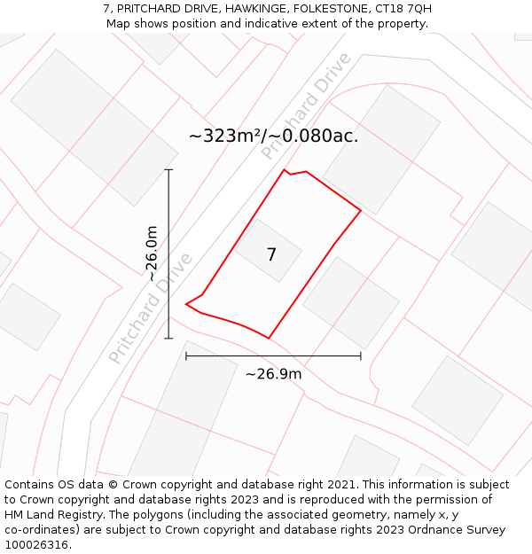 7, PRITCHARD DRIVE, HAWKINGE, FOLKESTONE, CT18 7QH: Plot and title map