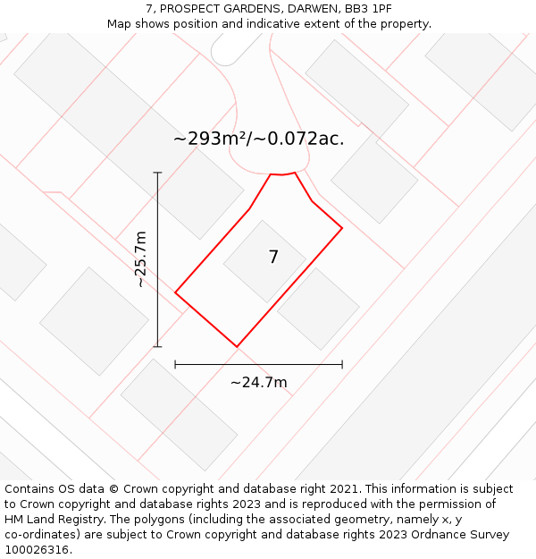 7, PROSPECT GARDENS, DARWEN, BB3 1PF: Plot and title map