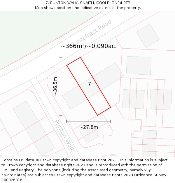 7, PUNTON WALK, SNAITH, GOOLE, DN14 9TB: Plot and title map